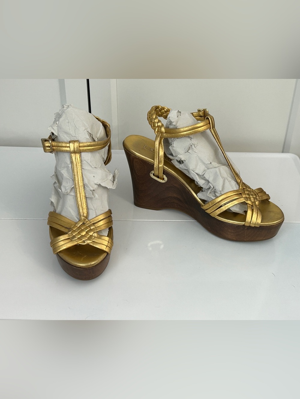 Ralph Lauren Collection Gold Metallic Leather Wedge Sandals Shoes Women's 9 B